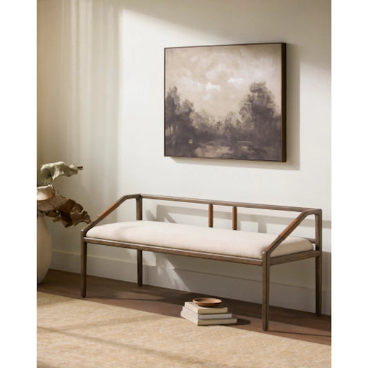 Atra Bench by Becki Owens x Surya in light beige, brown. Made from polyester, linen, red oak, leather wrapped, polyester wrapped foam in a rustic style.