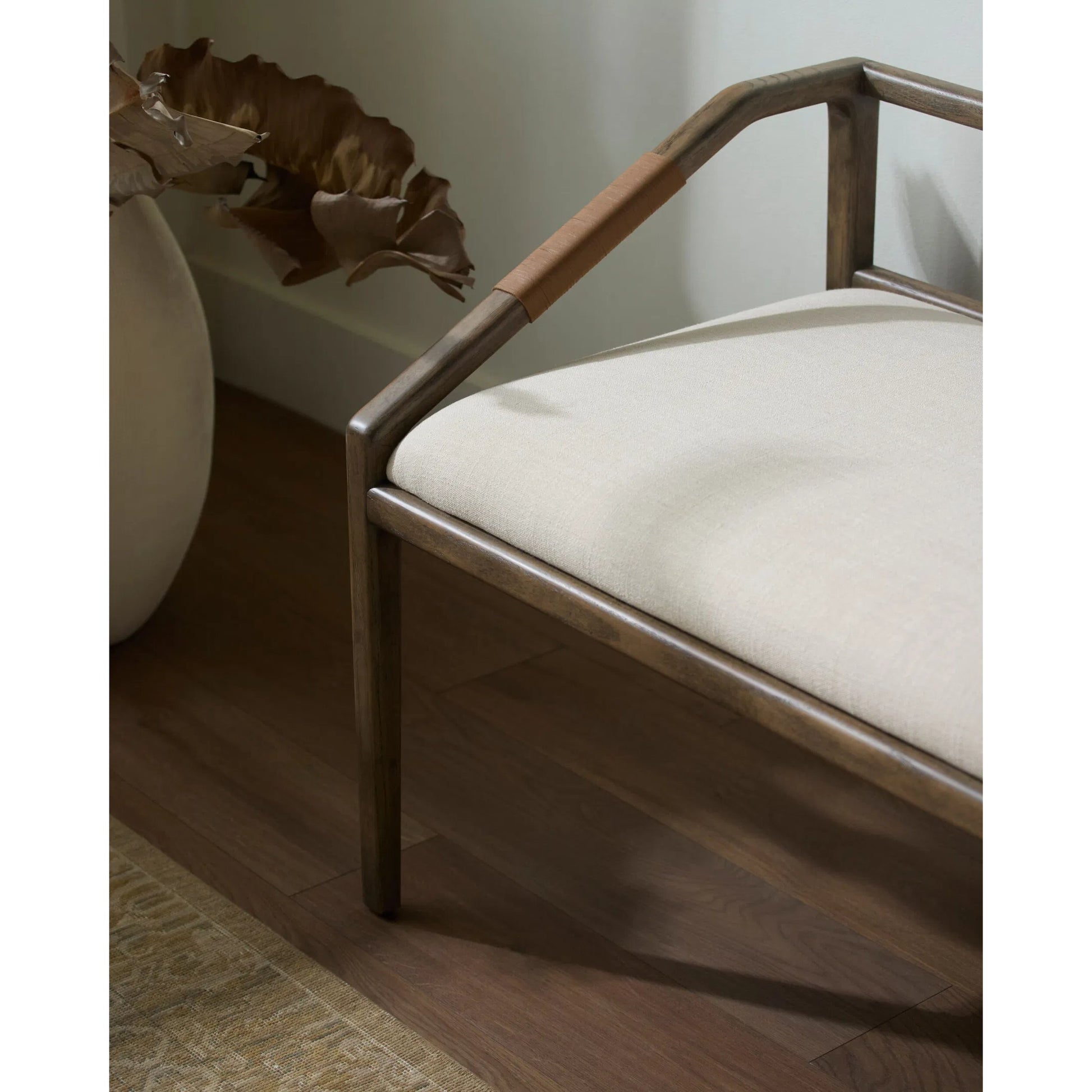 Atra Bench by Becki Owens x Surya in light beige, brown. Made from polyester, linen, red oak, leather wrapped, polyester wrapped foam in a rustic style.