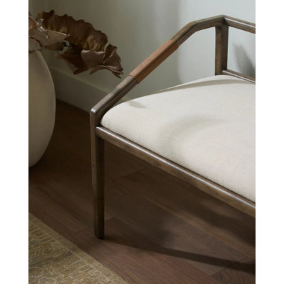 Atra Bench by Becki Owens x Surya in light beige, brown. Made from polyester, linen, red oak, leather wrapped, polyester wrapped foam in a rustic style.
