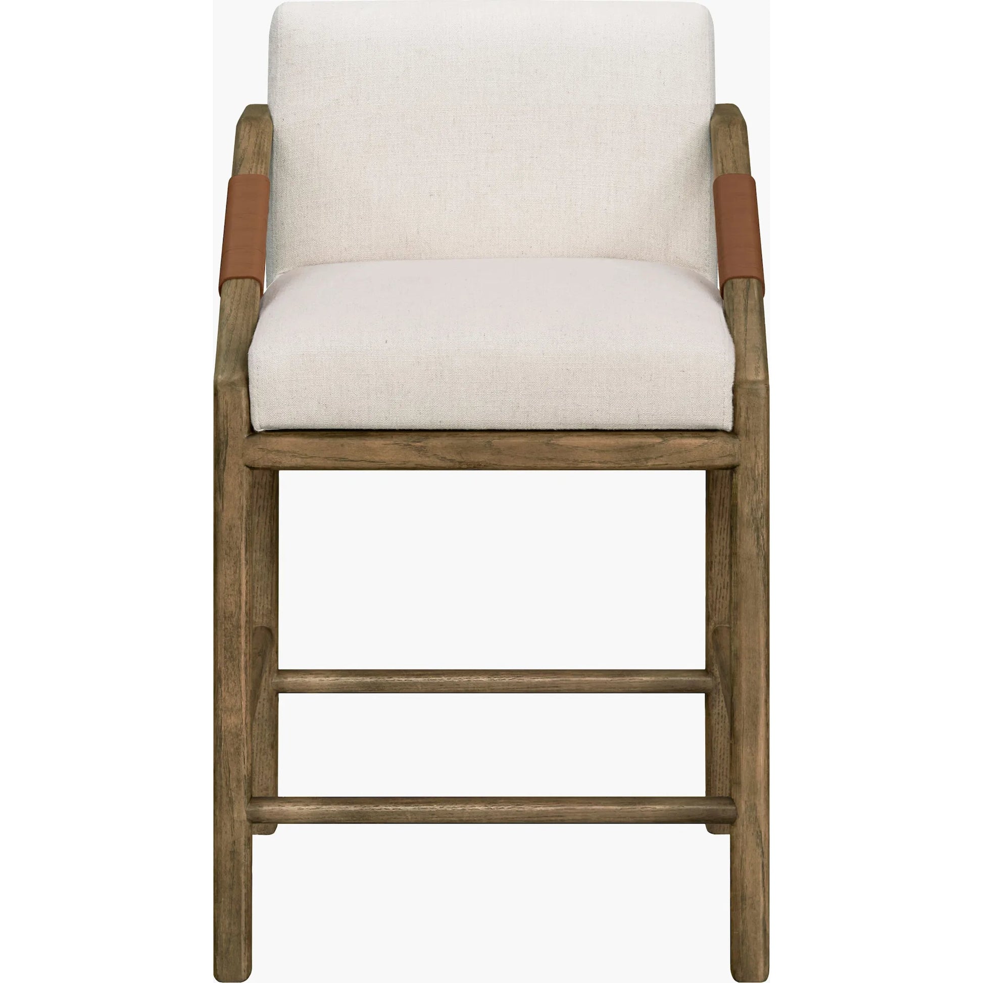 Atra Counter Stool by Becki Owens x Surya in light beige, brown. Made from polyester, linen, red oak, polyester wrapped foam in a rustic style.
