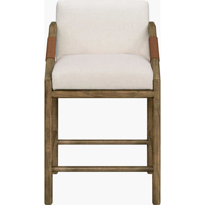 Atra Counter Stool by Becki Owens x Surya in light beige, brown. Made from polyester, linen, red oak, polyester wrapped foam in a rustic style.