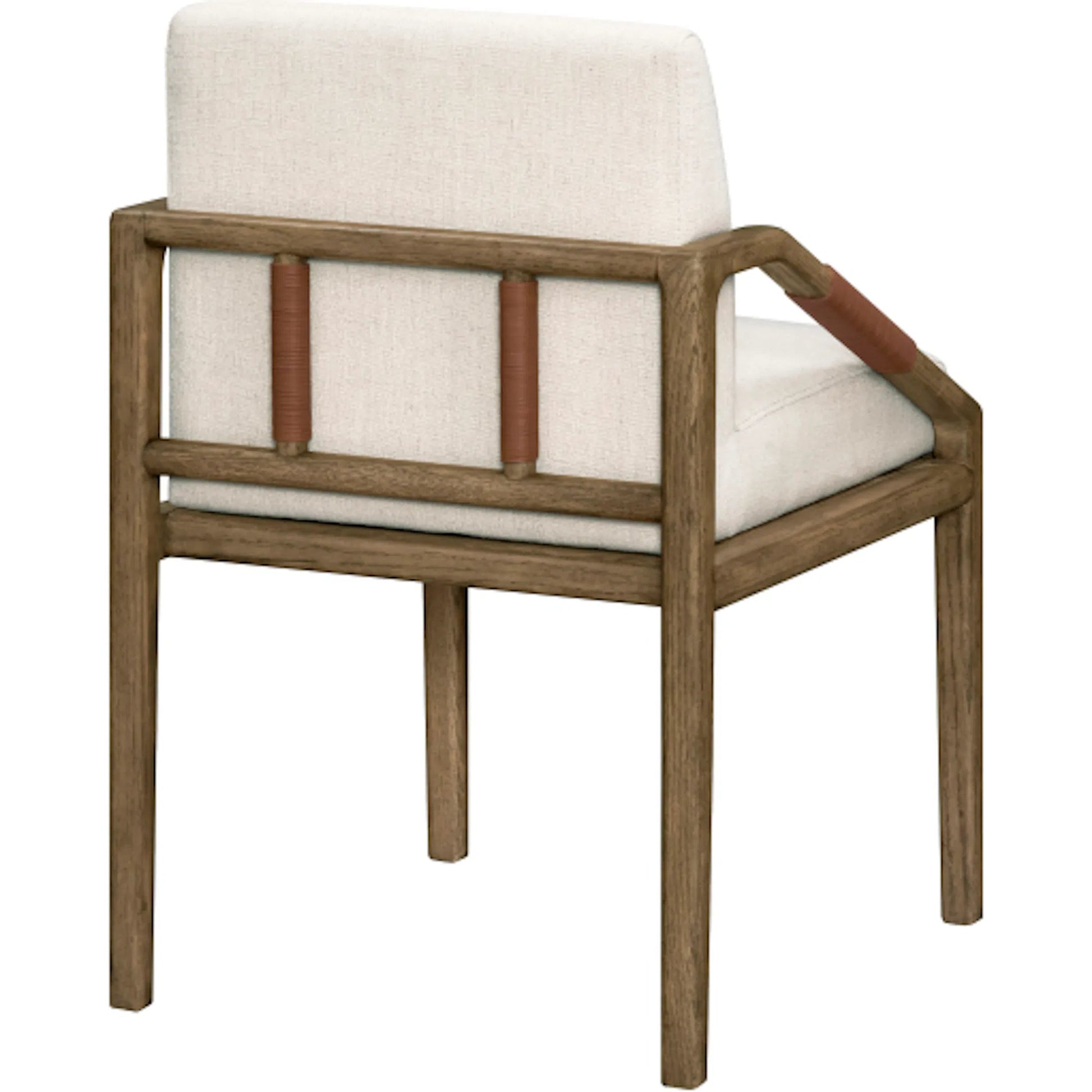 Atra Dining Chair by Becki Owens x Surya in light beige, brown. Made from polyester, linen, red oak, leather wrapped, polyester wrapped foam in a rustic style.