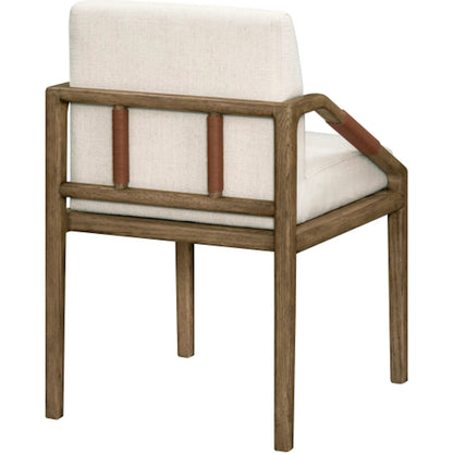 Atra Dining Chair by Becki Owens x Surya in light beige, brown. Made from polyester, linen, red oak, leather wrapped, polyester wrapped foam in a rustic style.