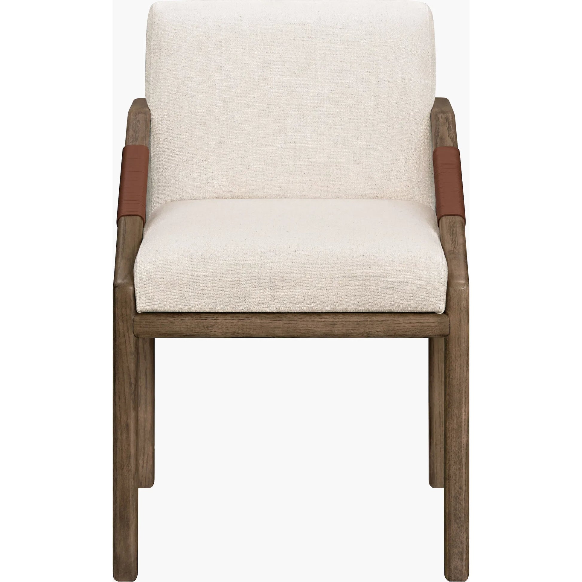 Atra Dining Chair by Becki Owens x Surya in light beige, brown. Made from polyester, linen, red oak, leather wrapped, polyester wrapped foam in a rustic style.