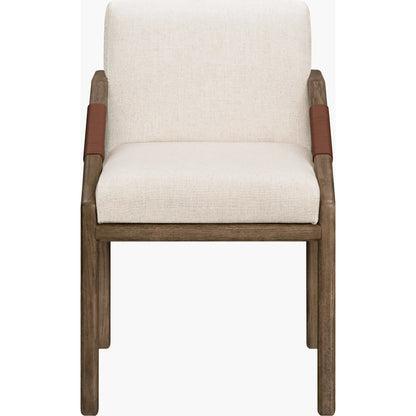 Atra Dining Chair by Becki Owens x Surya in light beige, brown. Made from polyester, linen, red oak, leather wrapped, polyester wrapped foam in a rustic style.