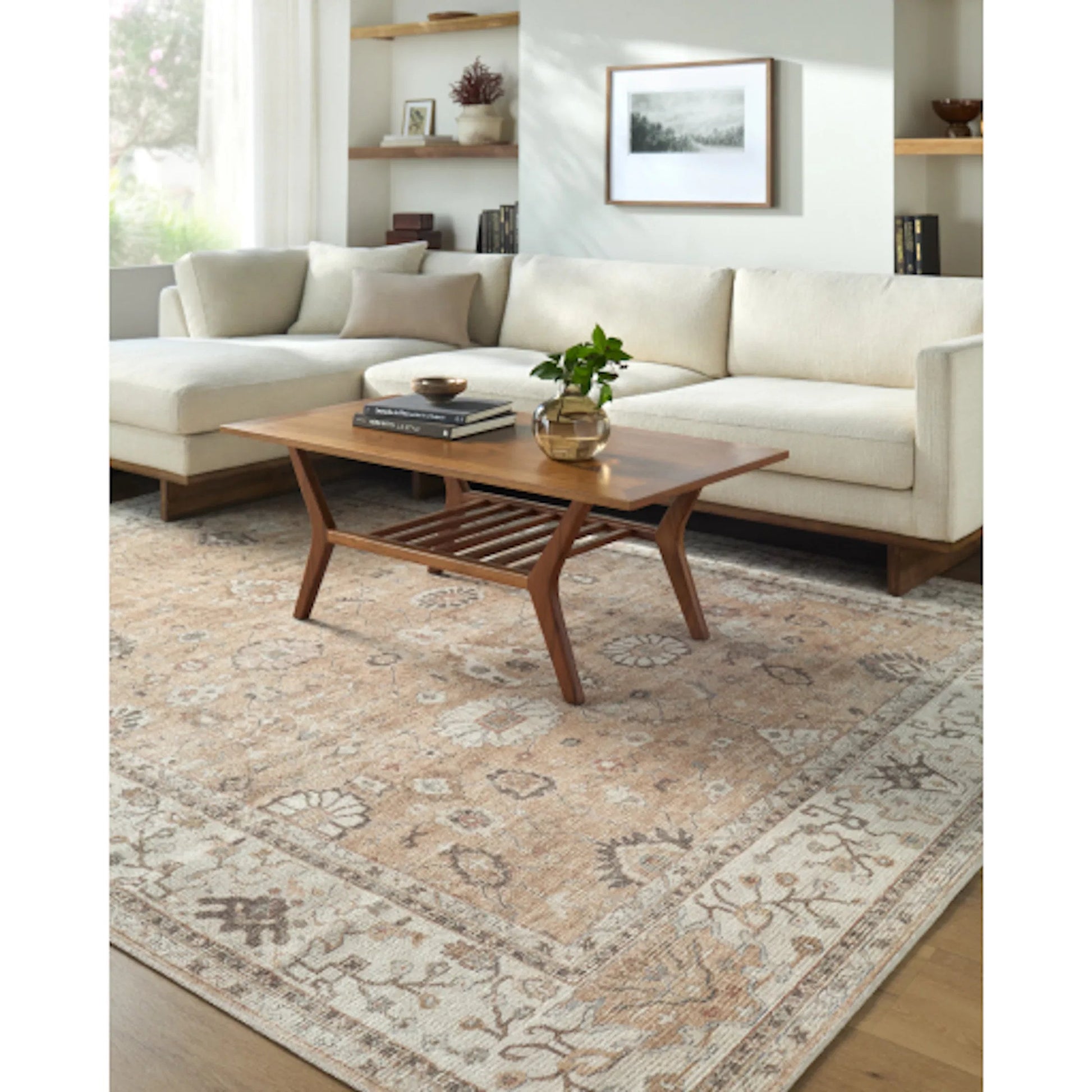 Davina BOCC-2303 Rug by Becki Owens x Livabliss in cream, dark brown, brown, dusty sage, tan. Made from polyester in a unique style.
