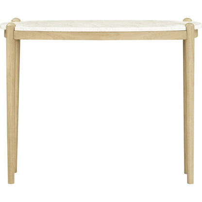 Coronado Console Table by Becki Owens x Livabliss in top: white; base: tan and stained, polished. Made from marble, rubber wood in a transitional style.