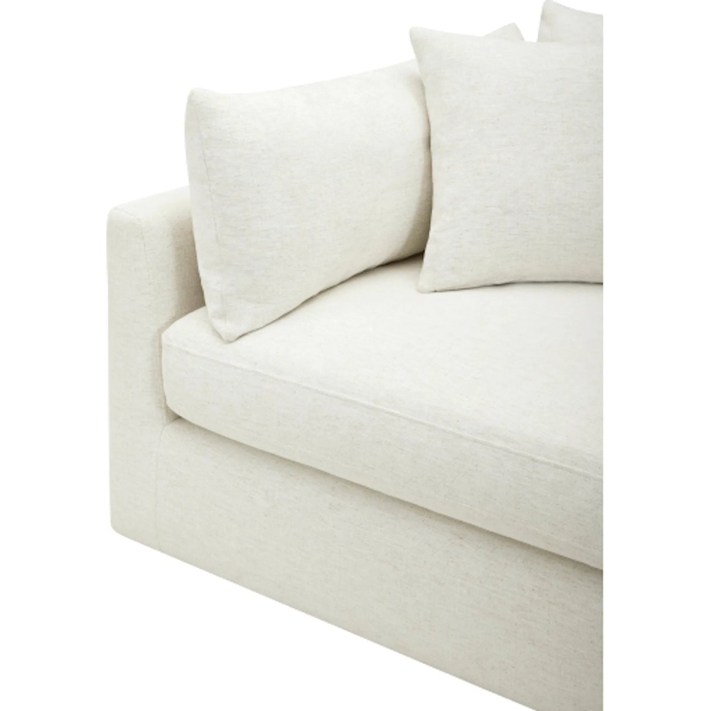 003 SI-2379517 | Closeup | Capitola Sofa by Becki Owens x Surya in off-white. Made from polyester, linen, plywood, foam, duck feathers in a unique style.