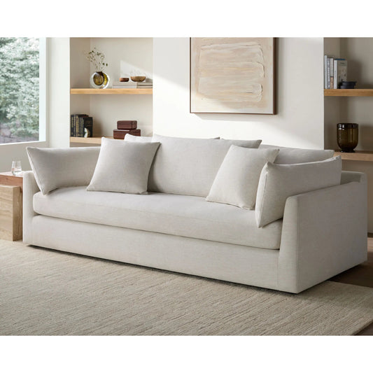 Capitola Sofa by Becki Owens x Surya in off-white. Made from polyester, linen, plywood, foam, duck feathers in a unique style.