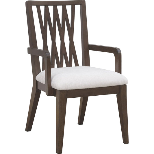 Asher Park Wood Back Arm Chair by Pulaski Furniture in piano brown. Made from eucalyptus veneers in a unique style.