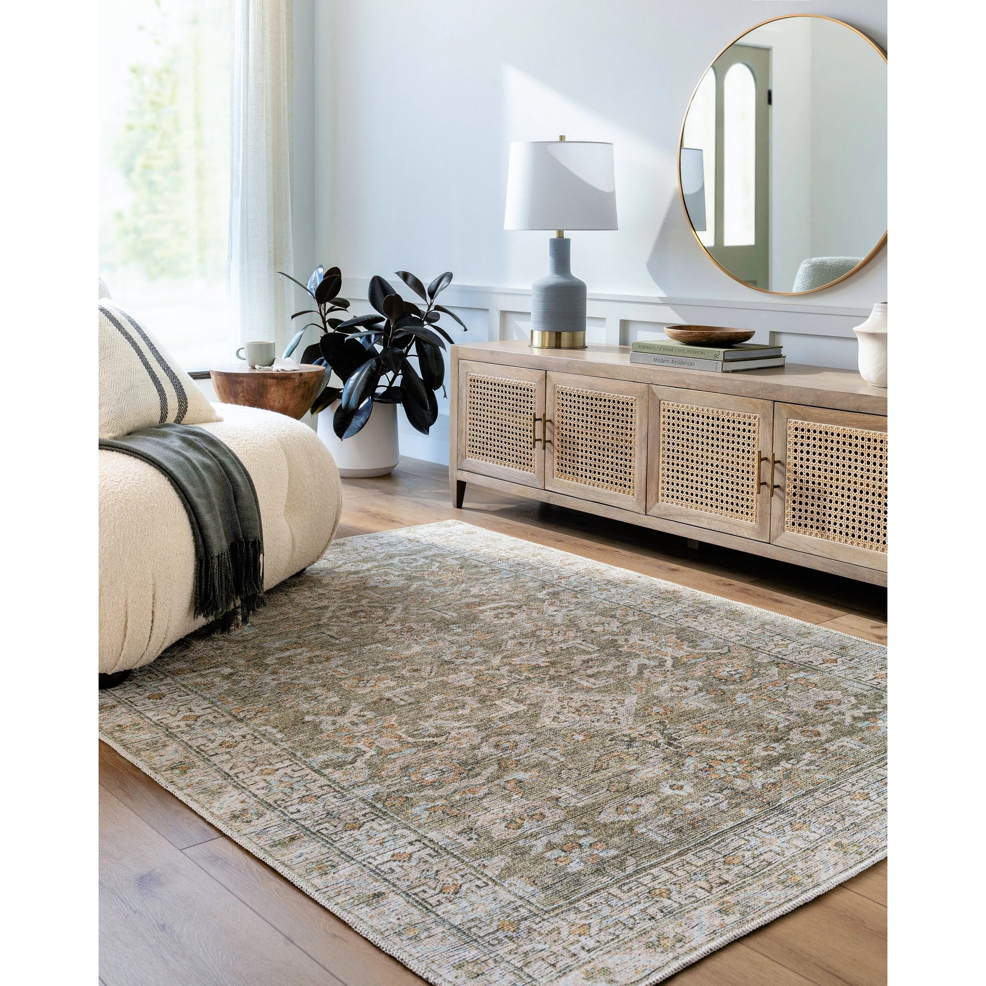 Darling BODA-2301 Rug by Becki Owens x Livabliss in cream, ice blue, burnt orange, beige, olive. Made from polyester in a unique style.