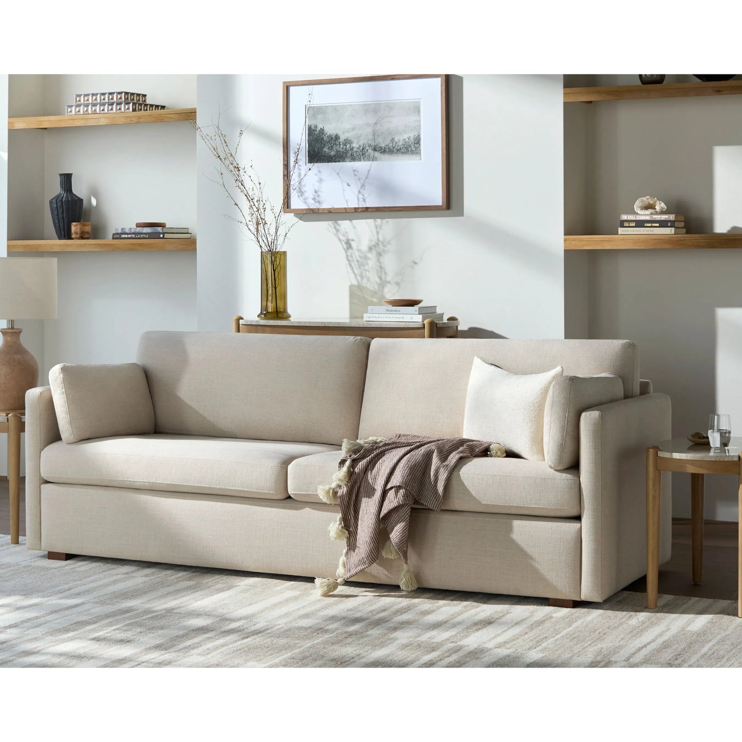 006 SI-2258739 | Lifestyle | Elmar Sofa by Becki Owens x Surya in beige and ash. Made from polyester, plywood, foam, dacron in a transitional style.