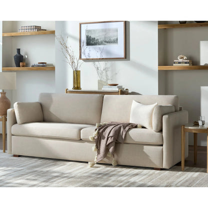 Elmar Sofa by Becki Owens x Surya in beige and ash. Made from polyester, plywood, foam, dacron in a transitional style.