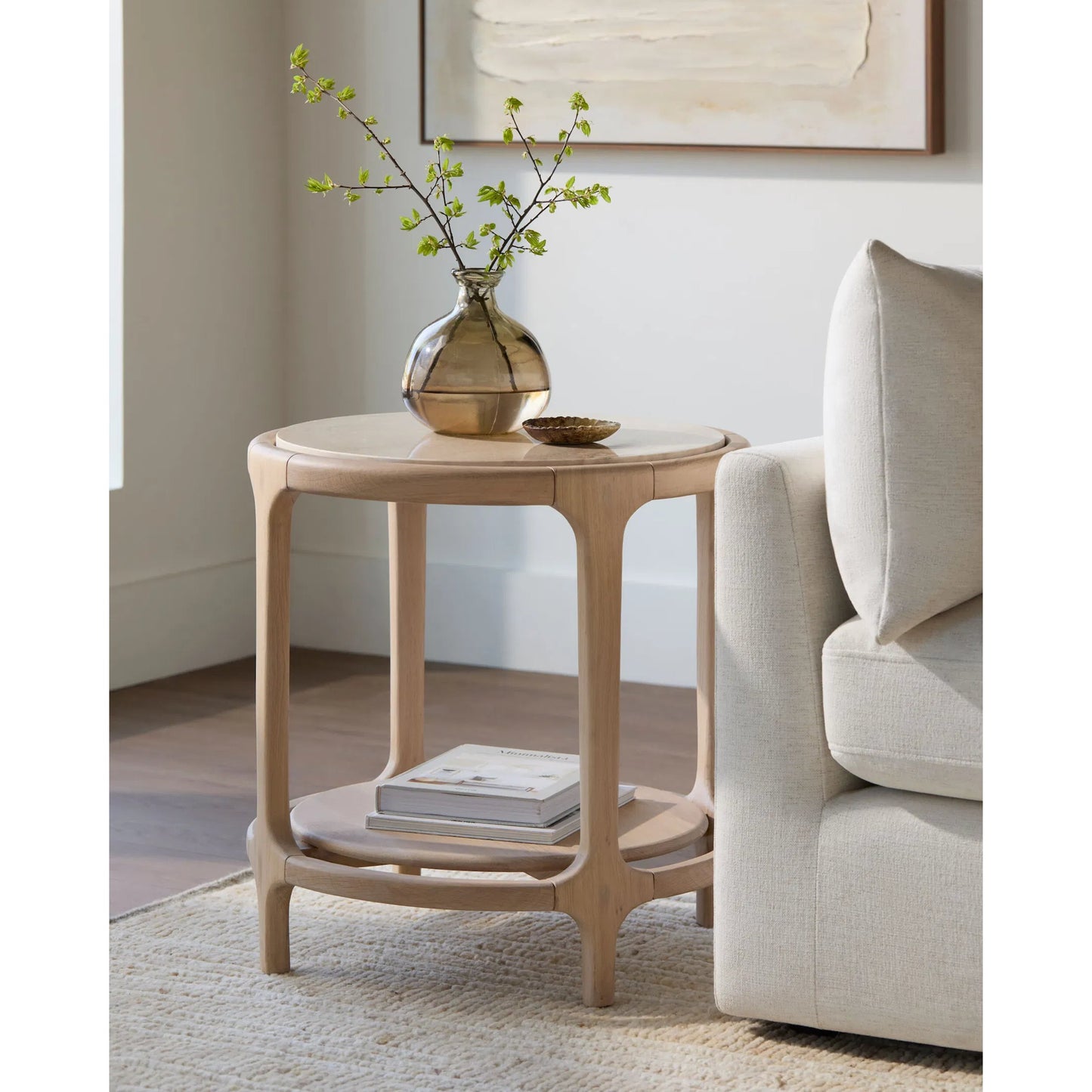 004 SI-2379494 | Lifestyle | Eve End Table by Becki Owens x Surya in cream, beige and polished, lacquered. Made from marble, oak in a transitional style.