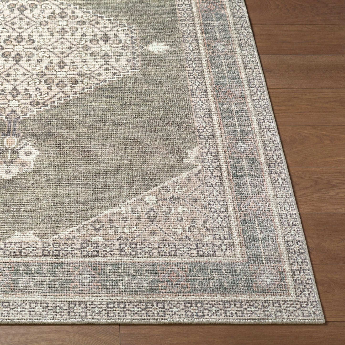 004 SI-2385811,SI-2385812,SI-2385813 | Closeup | Lila BOLC-2304 Rug by Becki Owens x Livabliss in ivory, olive, brown. Made from polyester in a unique style.