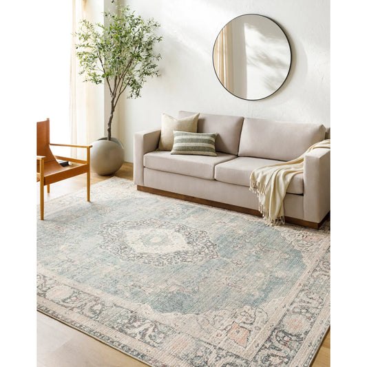 Marlene Rug - 490022 by Becki Owens x Livabliss in ice blue, blue, cream, light sage, charcoal, burgundy. Made from face: 100% polyester, warp: 100% c