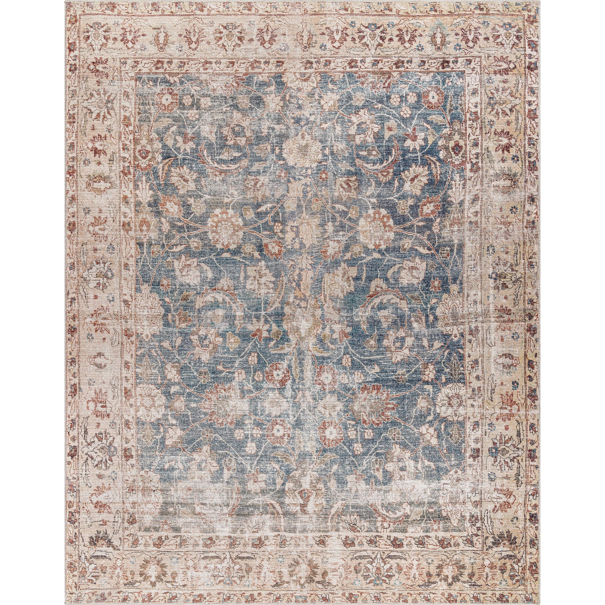 Marlene Rug - 490055 by Becki Owens x Livabliss in ink blue, ivory, tan, rust, brown, dark green. Made from face: 100% polyester, warp: 100% cotton in a un