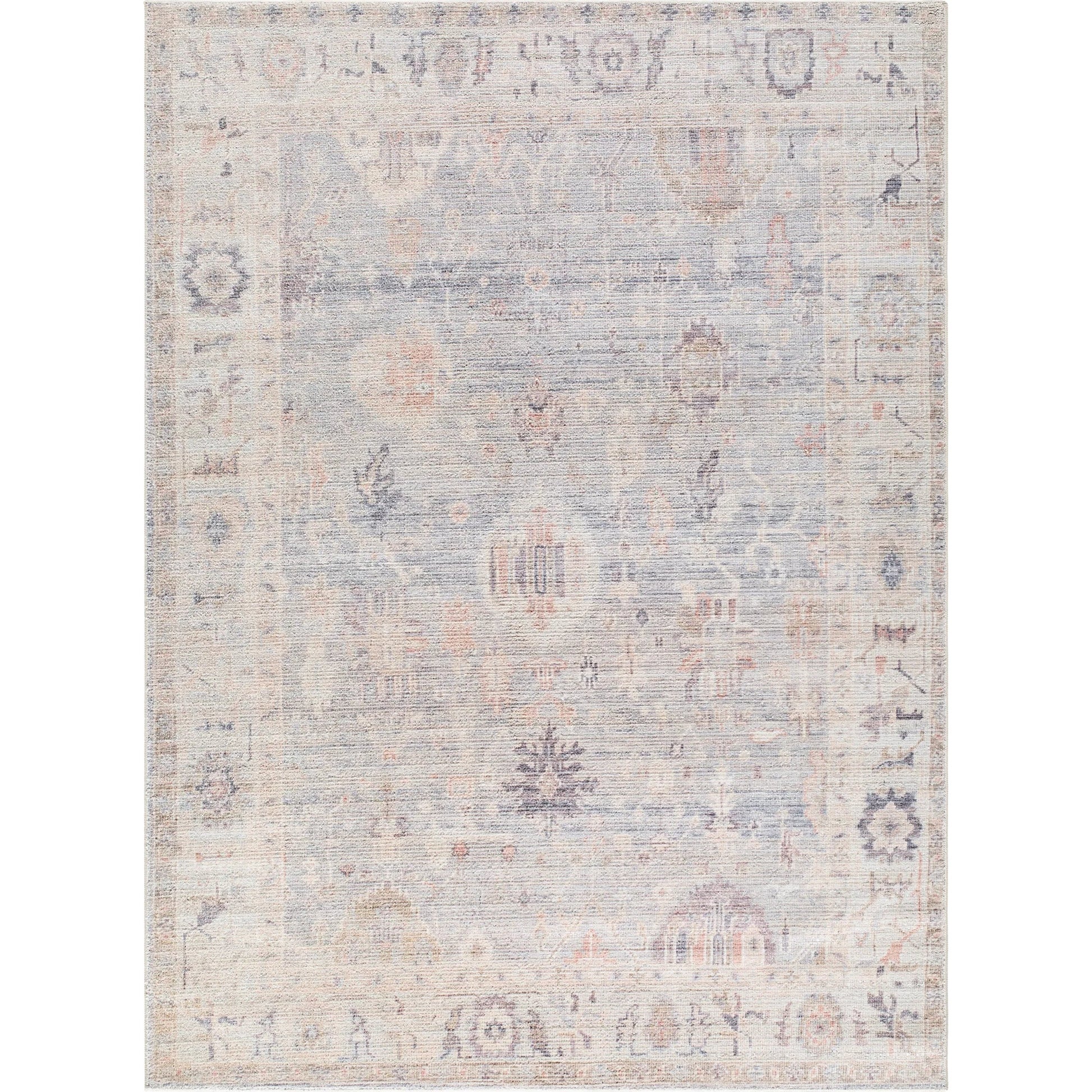 Marlene Rug - 490088 by Becki Owens x Livabliss in pale blue, dusty sage, medium gray, charcoal, mauve, dusty coral. Made from face: 100% polyester, warp: 100% cotton in a unique s
