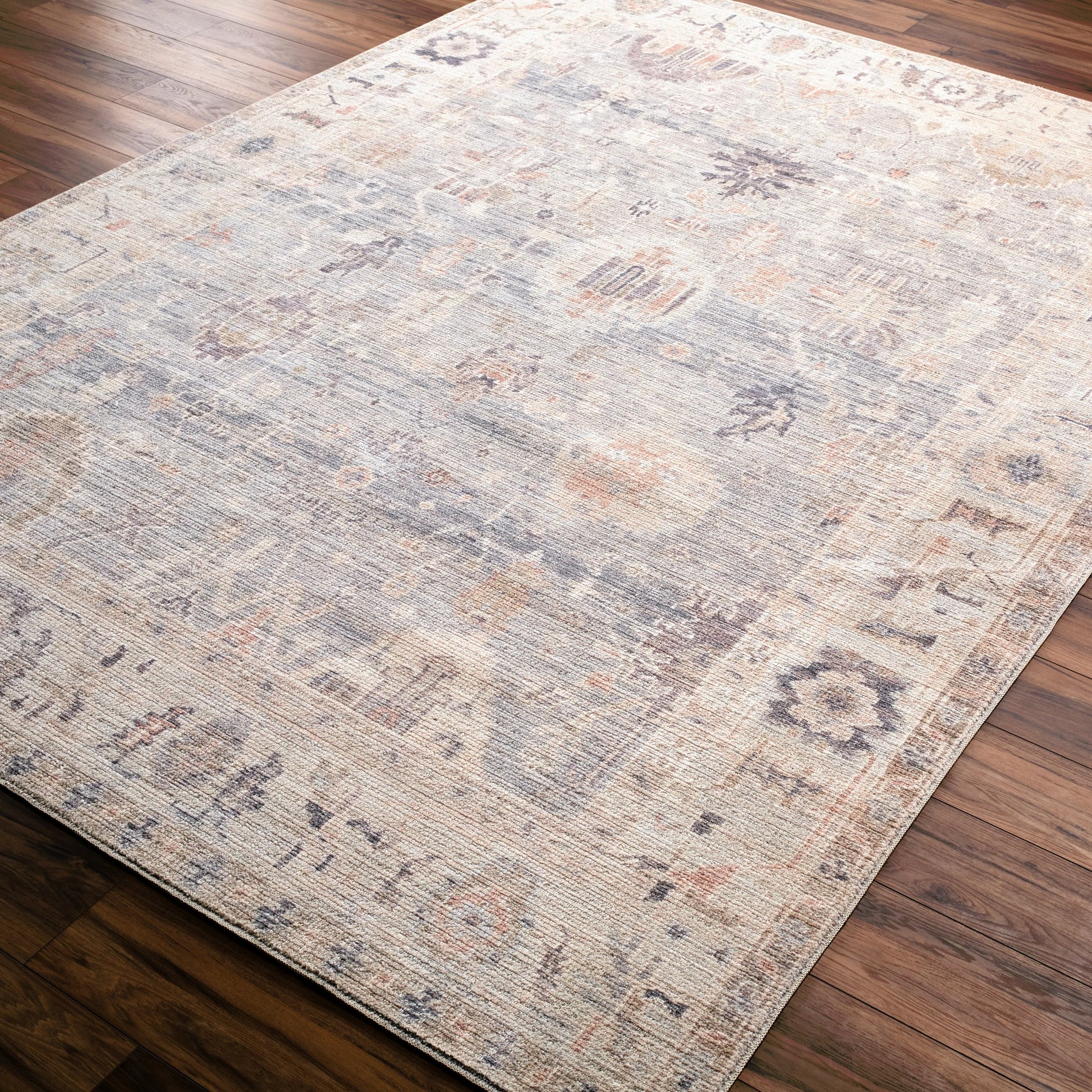 Marlene Rug - 490088 by Becki Owens x Livabliss in pale blue, dusty sage, medium gray, charcoal, mauve, dusty coral. Made from face: 100% polyester, warp: 100% cotton in a unique style.