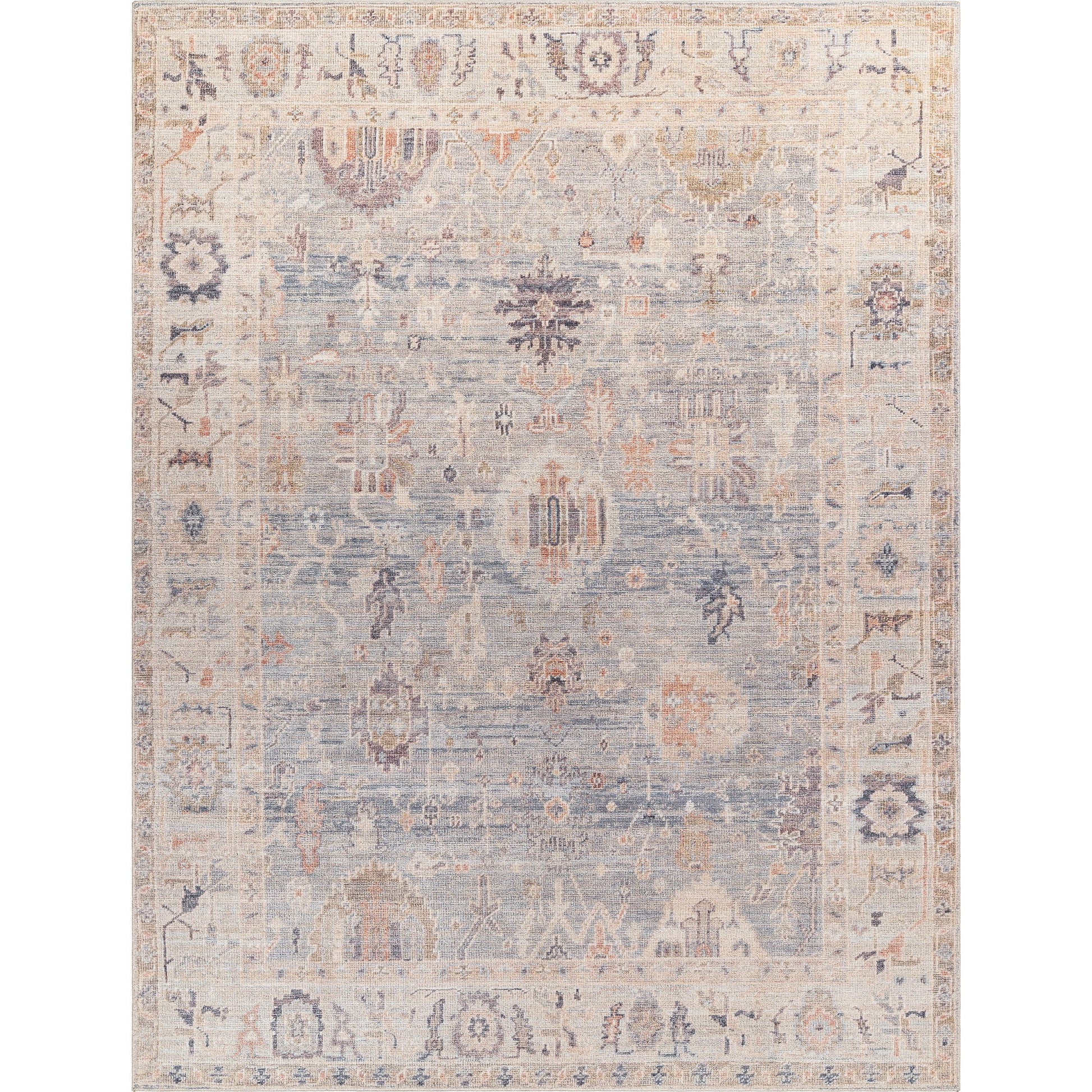 Marlene Rug - 490088 by Becki Owens x Livabliss in pale blue, dusty sage, medium gray, charcoal, mauve, dusty coral. Made from face: 100% polyester, warp: 100% cotton