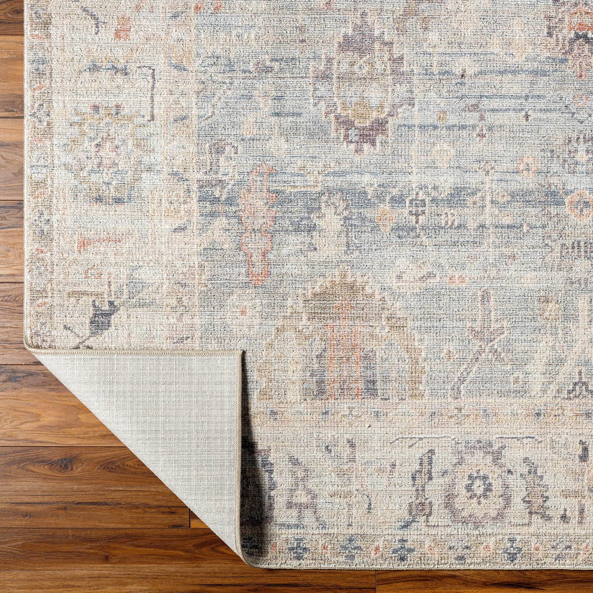 Marlene Rug - 490088 by Becki Owens x Livabliss in pale blue, dusty sage, medium gray, charcoal, mauve, dusty coral. Made from face: 100% polyester, war