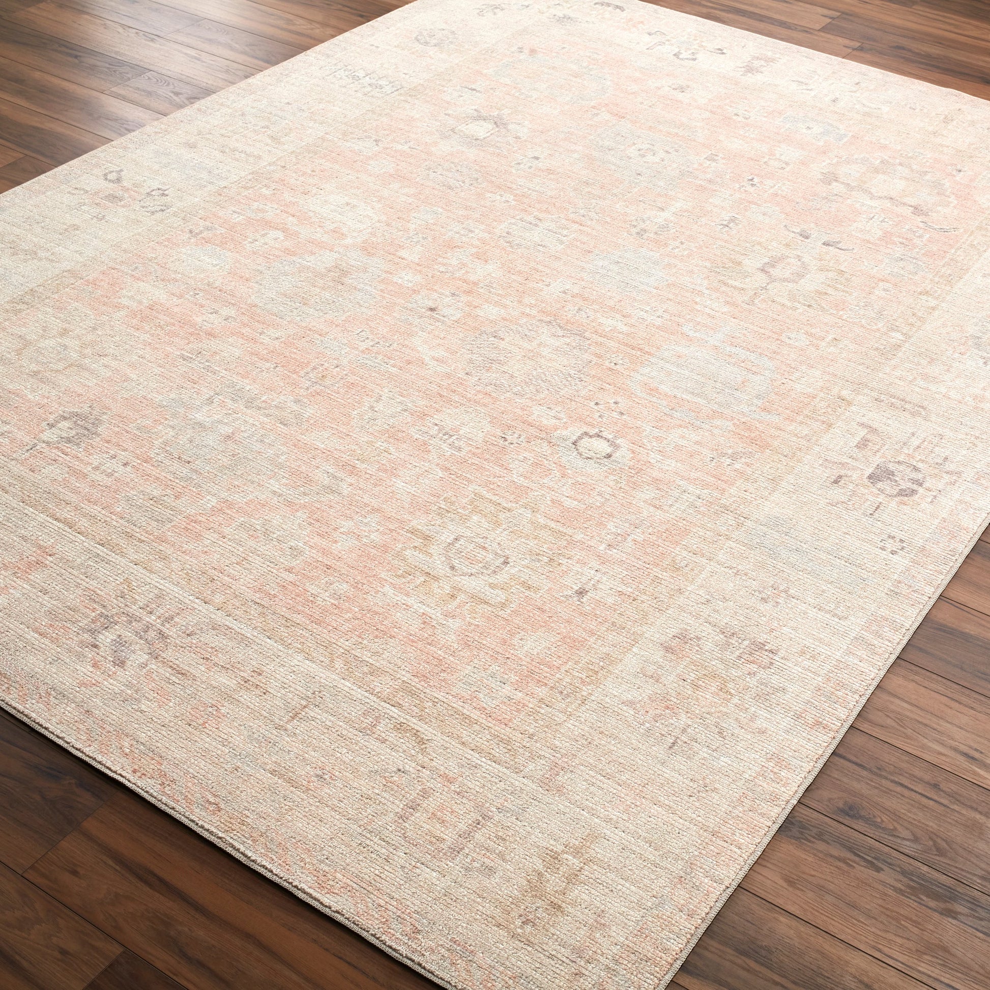 Marlene BOMN-2307 Rug by Becki Owens x Livabliss in dusty pink, tan, ivory, light sage, charcoal, light brown. Made from face: 100% polyester, warp: 100% cotton in a unique style.