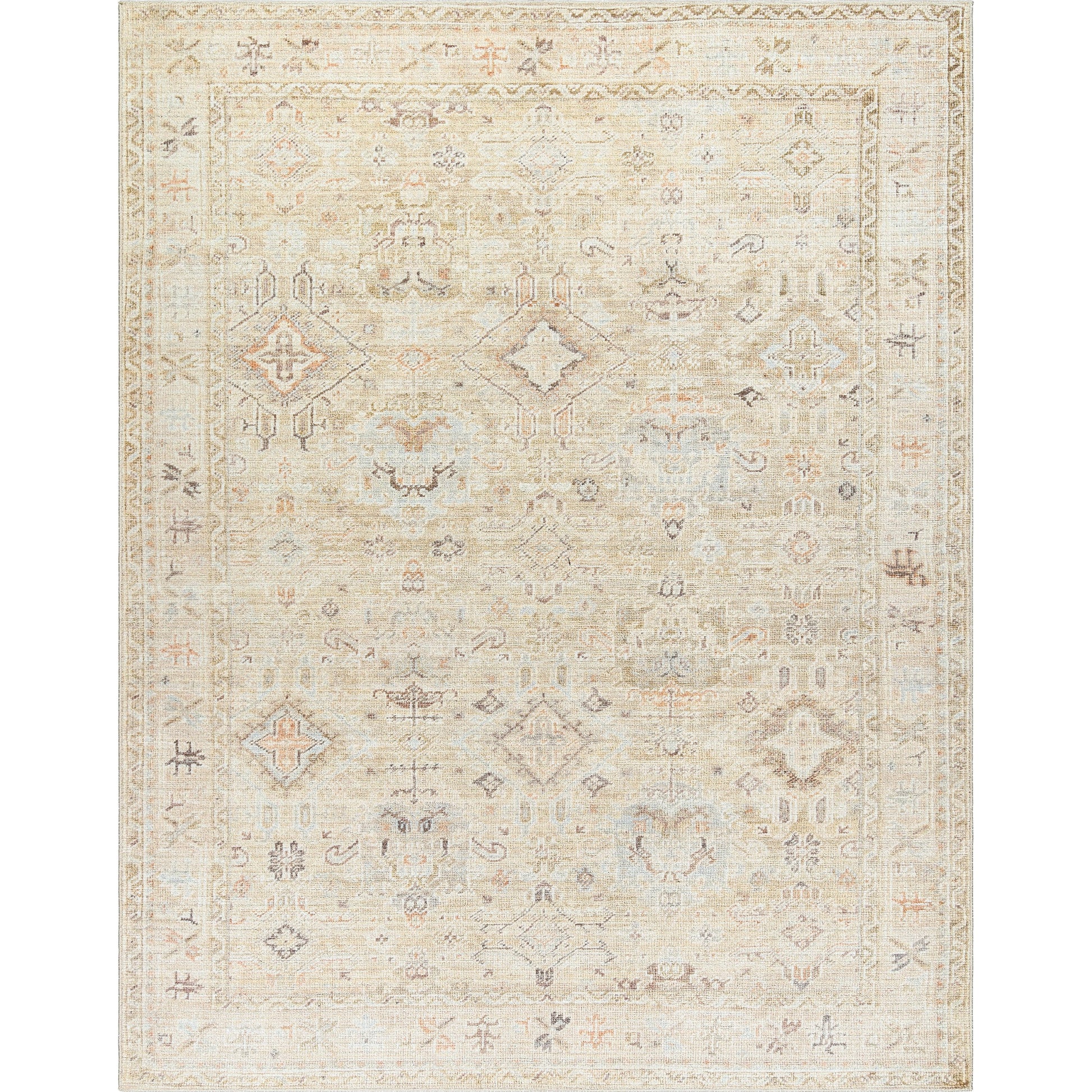 Marlene Rug - 490110 by Becki Owens x Livabliss in ivory, cream, medium brown, dusty coral, seafoam, mustard. Made from face: 100% polyester, warp: 100% cotto