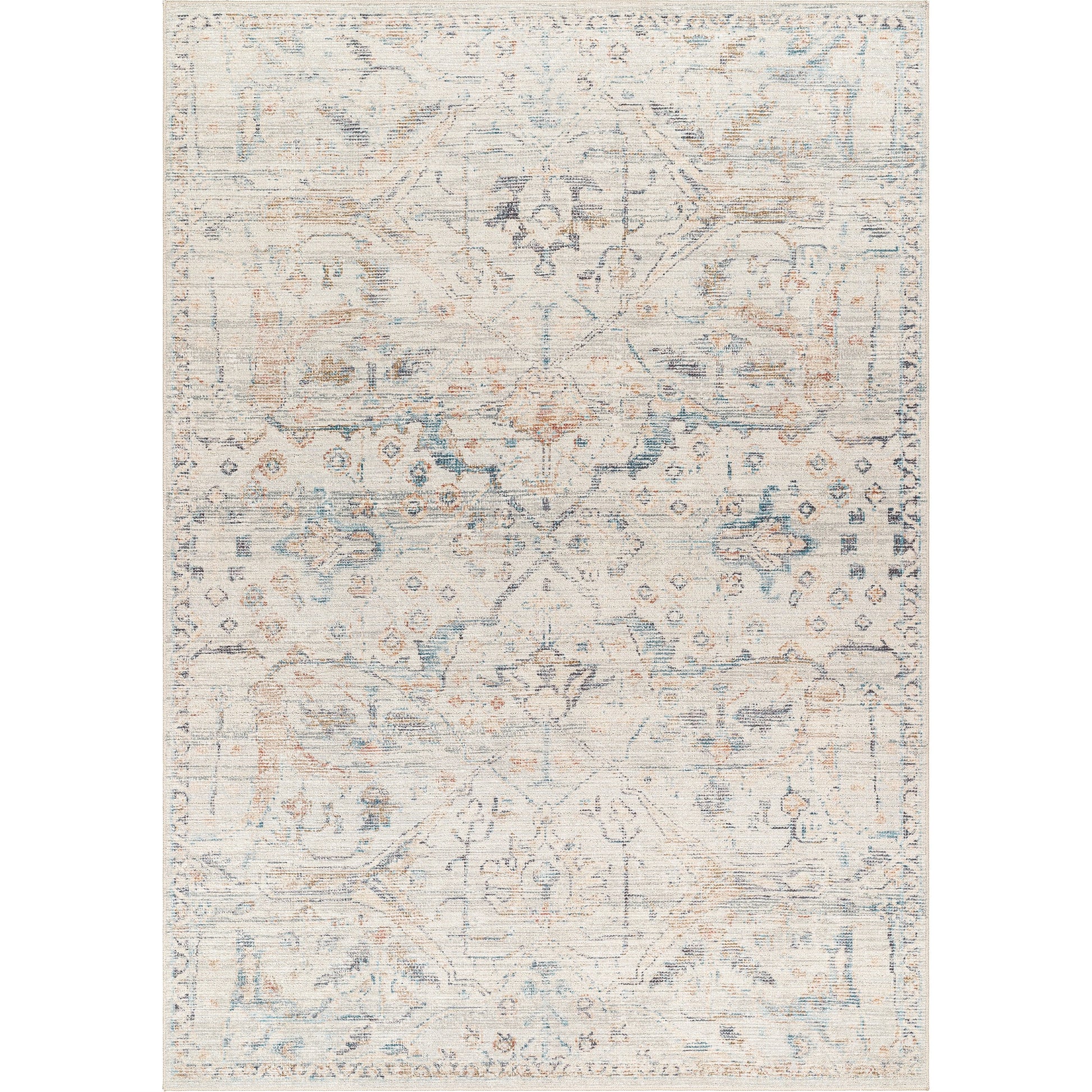 Marlene Rug - 490121 by Becki Owens x Livabliss in cream, pale blue, light blue, olive, rust, black. Made from face: 100% polyester, warp: 100% cotton in a unique sty