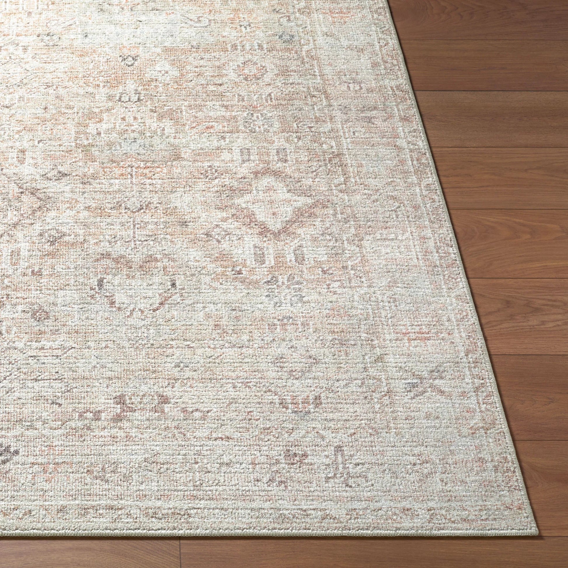 Marlene BOMN-2312 Rug by Becki Owens x Livabliss in cream, tan, light brown, medium brown, dusty coral, dark brown. Made from polyester in a unique style.