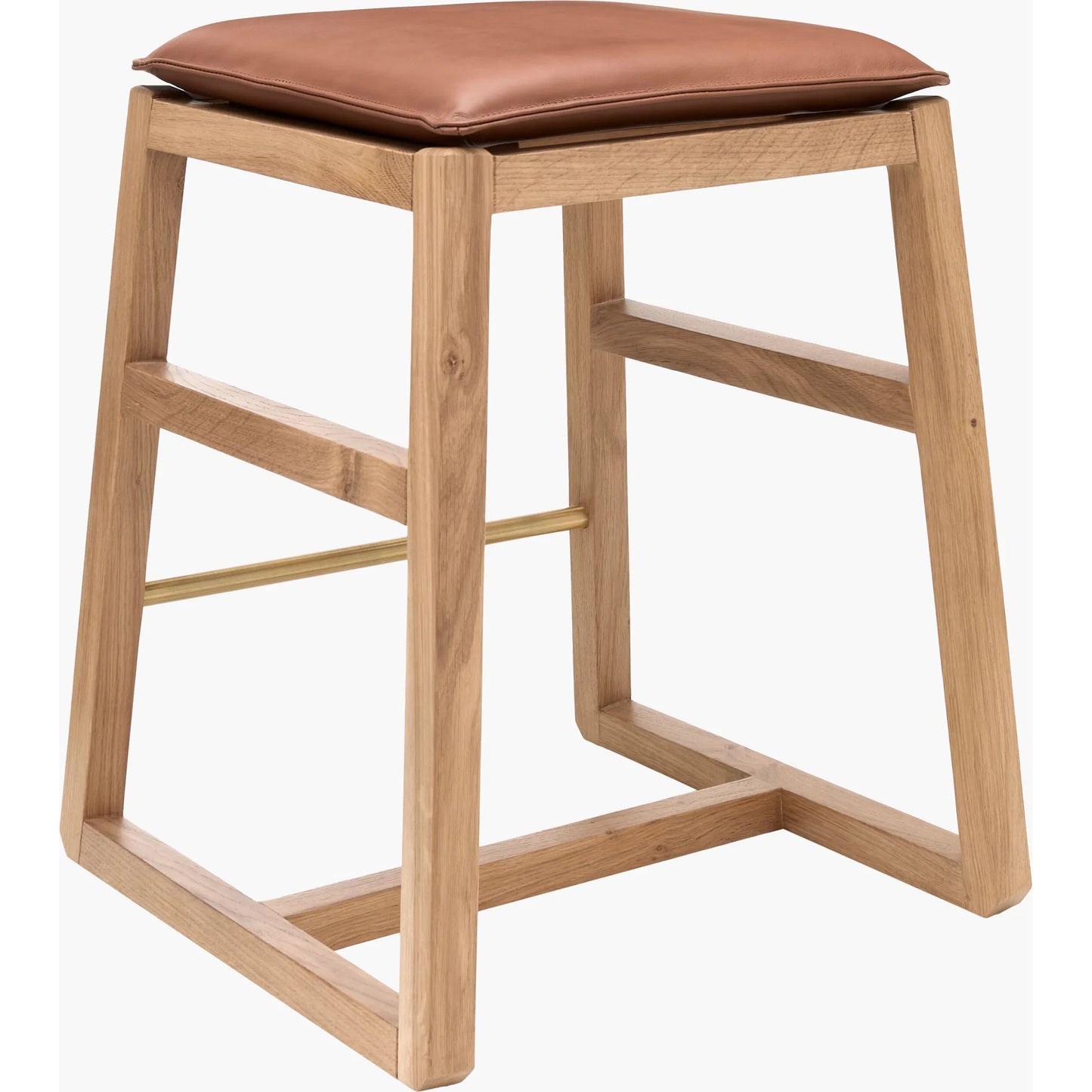 004 SI-2379496 | Closeup | Richie Counter Stool by Becki Owens x Surya in brown, brass. Made from leather, oak, iron in a unique style.