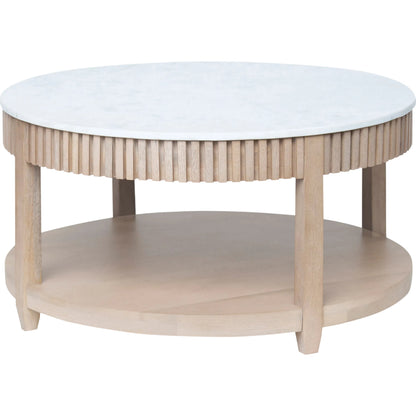 Rosemary Coffee Table by Becki Owens x Livabliss in top: white; base: clear and natural, washed, lacquered. Made from marble, mango wood in a transitional style.