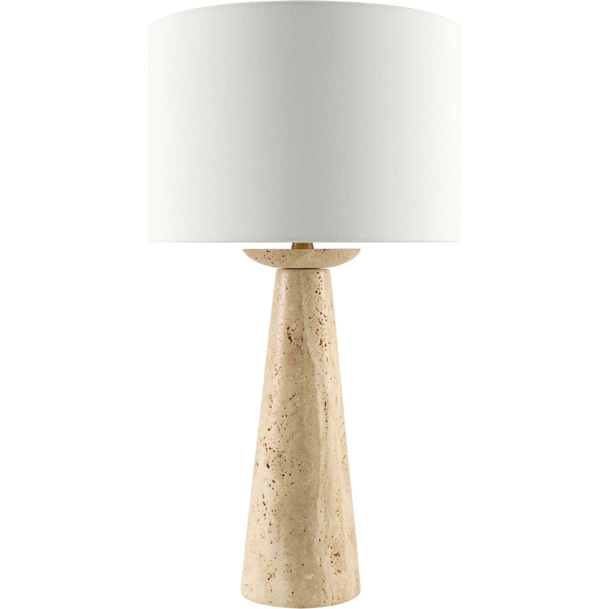 Sabina Accent Table Lamp by Becki Owens x Livabliss in metallic gold, translucent, yellow, white, gold, cream and natural, plated. Made from travertine, linen, polystyrene, iron in a unique style.