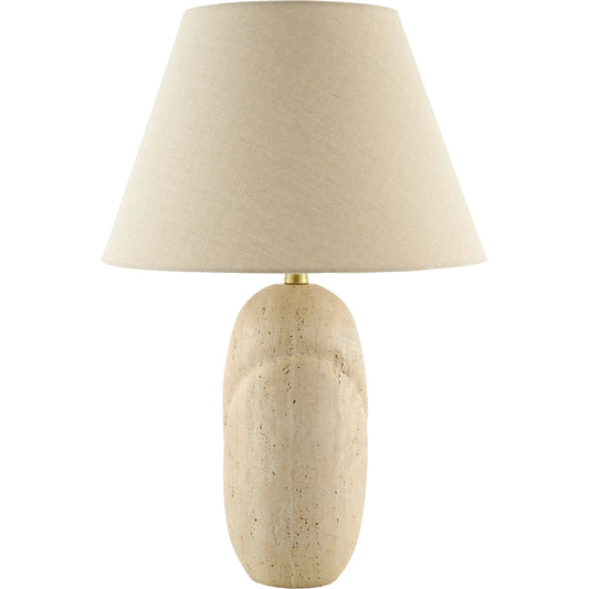 Sleta Accent Table Lamp by Becki Owens x Livabliss in metallic gold, brown, white, translucent and natural painted. Made from travertine, linen, polyester, iron in a unique style.