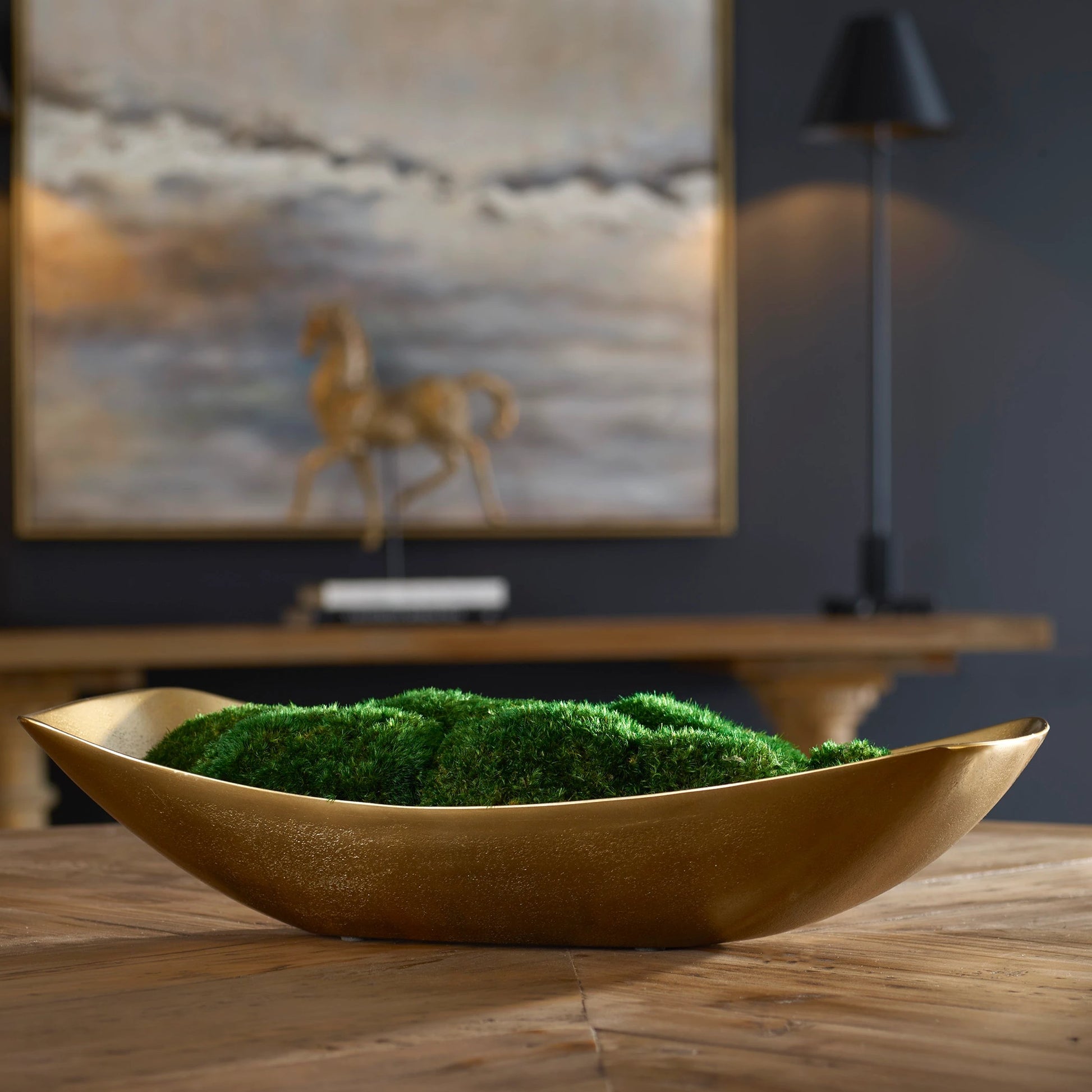 Venice Moss Centerpiece by Uttermost in brass. Made from aluminum, foam in a modern style.