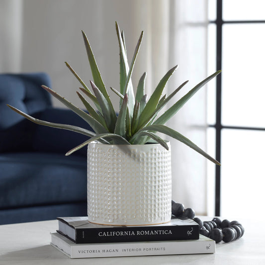Taos Aloe Centerpiece by Uttermost in ivory. Made from foam, ceramic, iron, glue in a modern style.