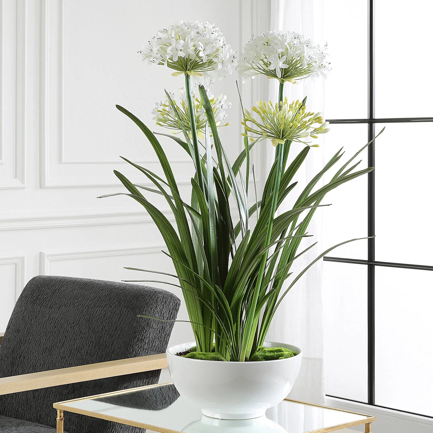 003 SI-2262510 | Lifestyle | Purity Agapanthus Centerpiece by Uttermost in white. Made from polyester, plastic, polyfoam in a transitional style.