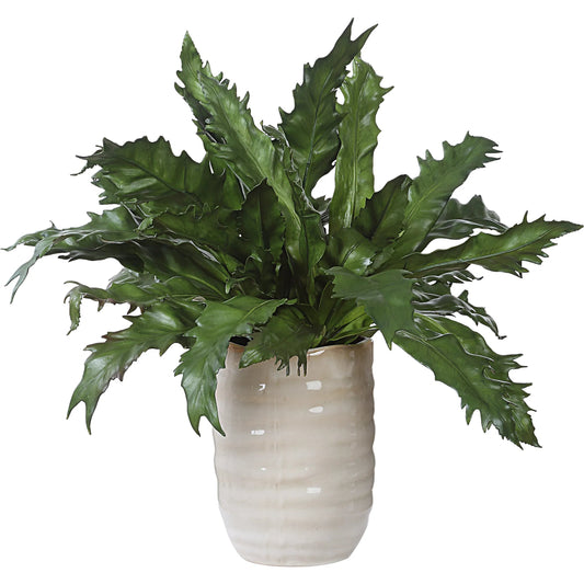 Verdure Fern in Glazed Pot by Uttermost in tan. Made from polyester, plastic, polyfoam, ceramic in a unique style.