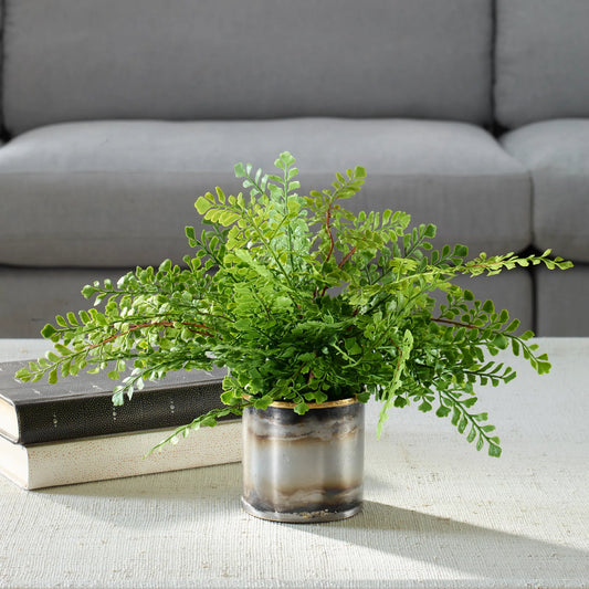 Maidenhair Fern in Oxidized Container by Uttermost in gold. Made from fabric, metal, foam, natural moss, wire in a unique style.