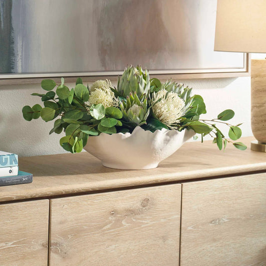 Protea Blooms Bowl Centerpiece by Uttermost in green, white. Made from polysilk, ceramic, latex, foam in a unique style.