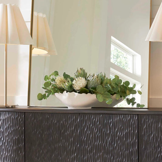 Protea Blooms Bowl Centerpiece by Uttermost in green, white. Made from polysilk, ceramic, latex, foam in a unique style.