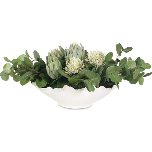 Protea Blooms Bowl Centerpiece by Uttermost in green, white. Made from polysilk, ceramic, latex, foam in a unique style.
