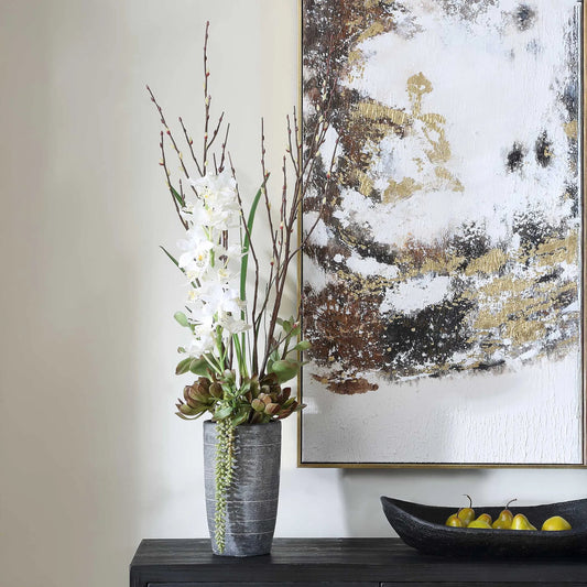 Eterna Orchid Centerpiece & Vase by Uttermost in black, green, white and charcoal. Made from polyester, plastic, iron, cement in a unique style.