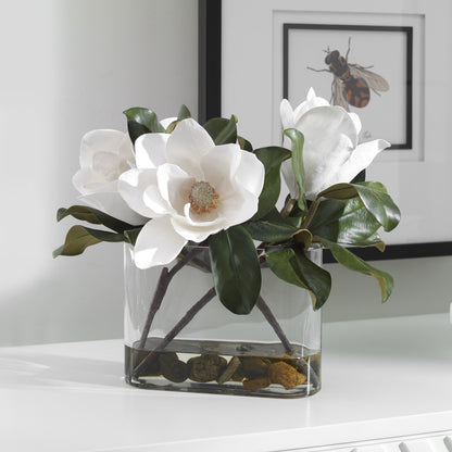 Middleton Magnolia Centerpiece by Uttermost in white. Made from polyfoam, plastic, stone, iron, glass in a transitional style.