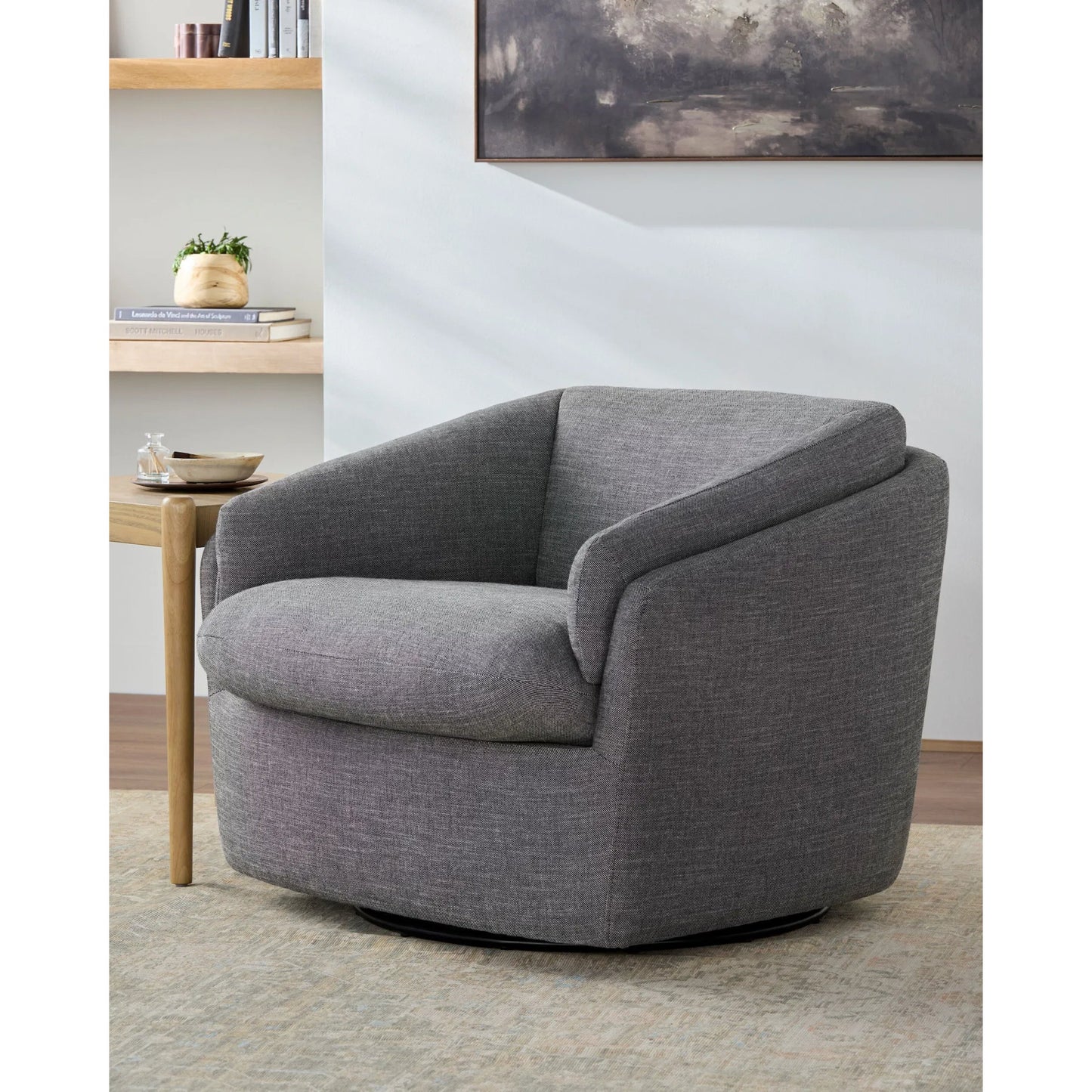 005 SI-2258735 | Lifestyle | Torrey Swivel Chair by Becki Owens x Surya in gray. Made from linen, polyester, plywood, foam, duck feathers in a transitional style.