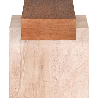 Tulare End Table by Becki Owens x Surya in cream, brown. Made from oak veneer, mdf, marble in a transitional style.