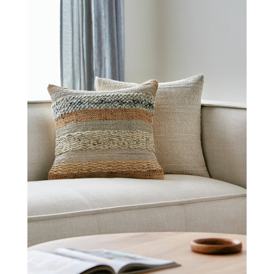Boundary Pillow - 493466 by Surya in beige, tan, medium gray, dark blue. Made from wool, jute, cotton in a modern style.