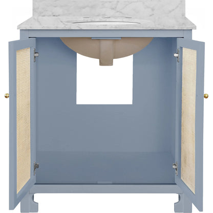 Boyd Bath Vanity by Worlds Away. Made from hardwood solids, mdf, caning, metal, carrara marble, porcelain in a coastal style.