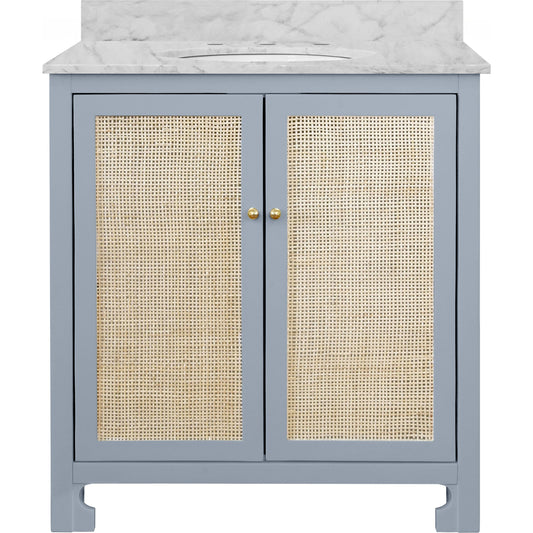 Boyd Bath Vanity by Worlds Away. Made from hardwood solids, mdf, caning, metal, carrara marble, porcelain in a coastal style.