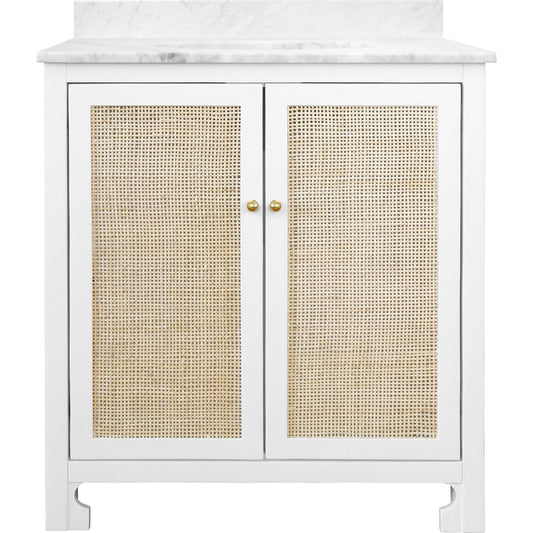 Boyd Bath Vanity by Worlds Away. Made from hardwood solids, mdf, caning, metal, carrara marble, porcelain in a coastal style.