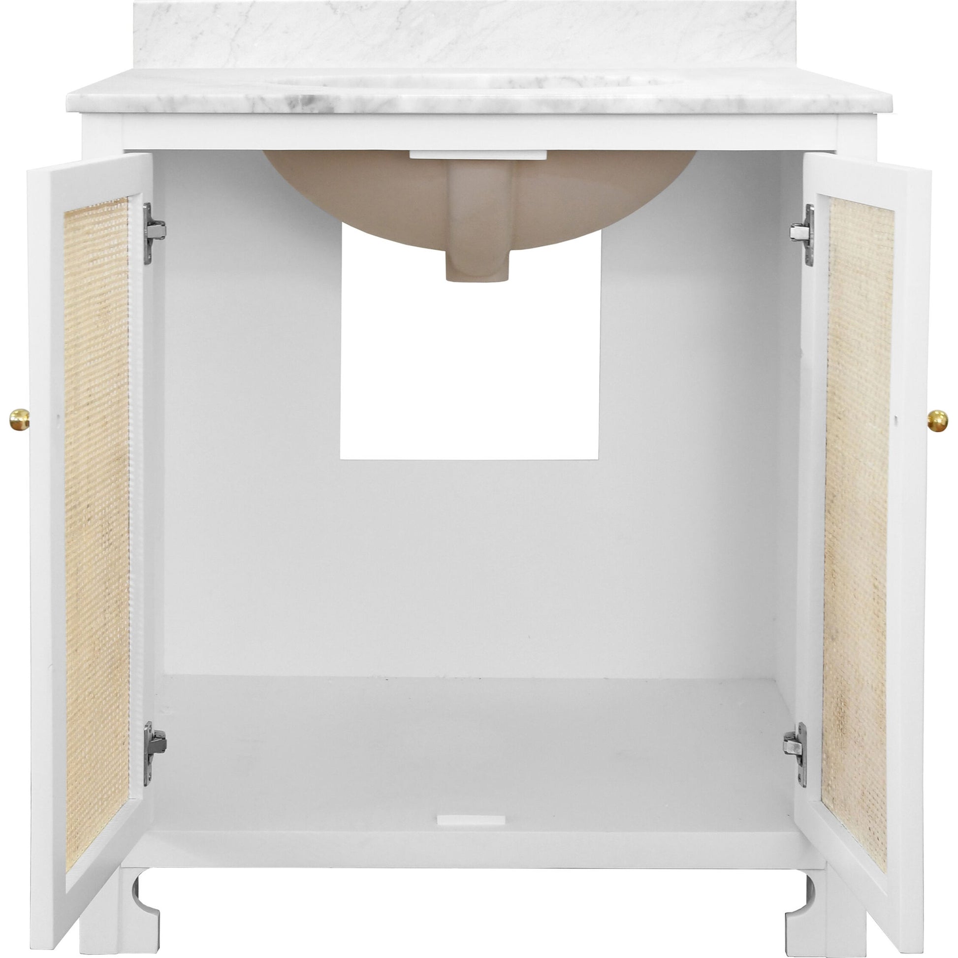 Boyd Bath Vanity by Worlds Away. Made from hardwood solids, mdf, caning, metal, carrara marble, porcelain in a coastal style.